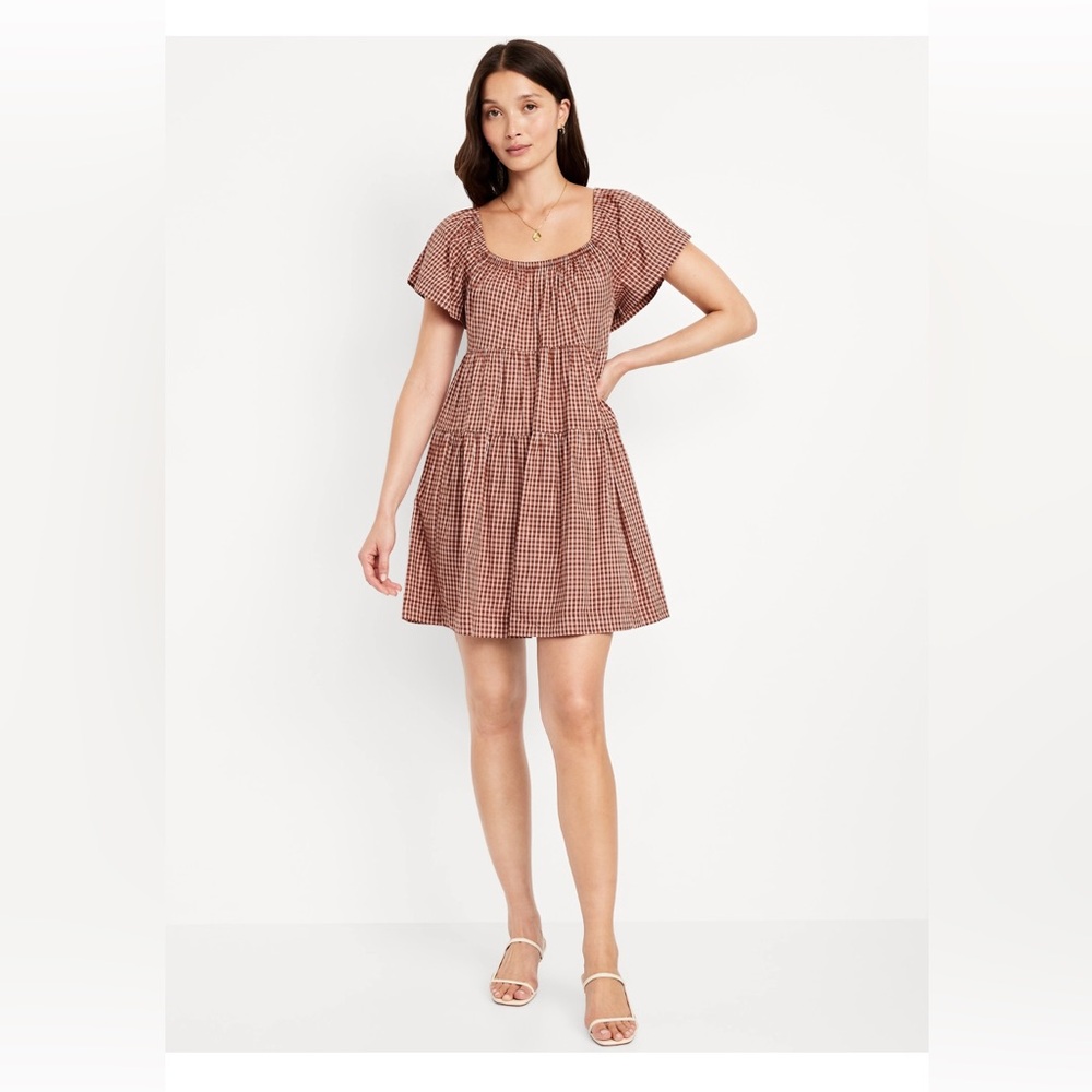 Old Navy Tiered Swing Mini Dress NWT Small Pink Plaid